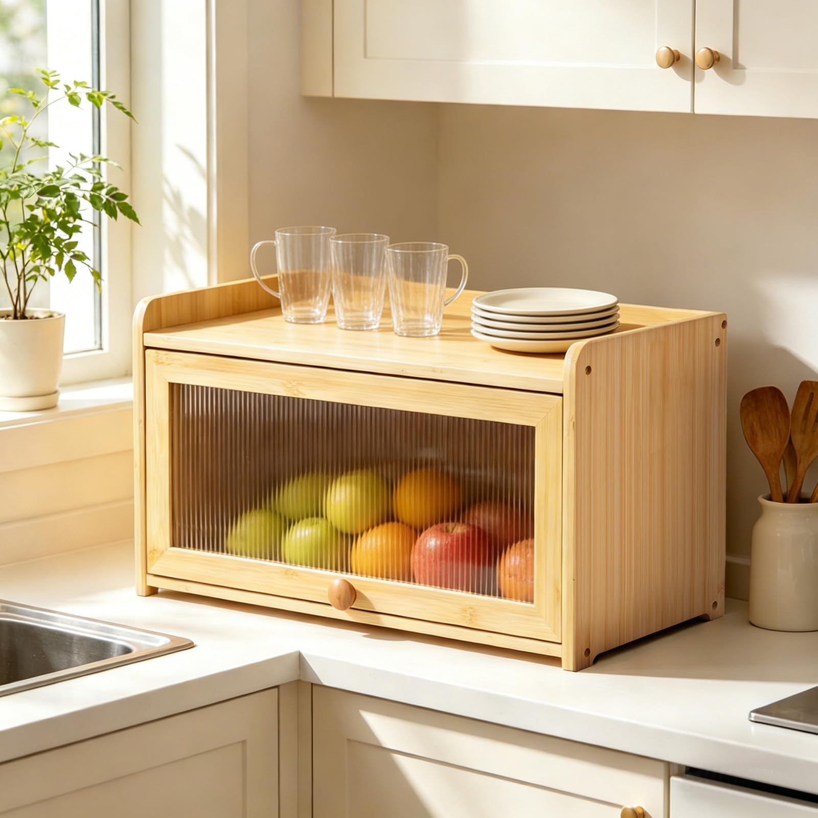 wowspeed Bread Bin Kitchen Countertop, Non-slip Bamboo Storage Box with Clear Windows, Wooden Sourdough Breadbox, Natural Wood Bread Bin Organizer featuring Air Vents- Keeps Bread Fresh for Longer
