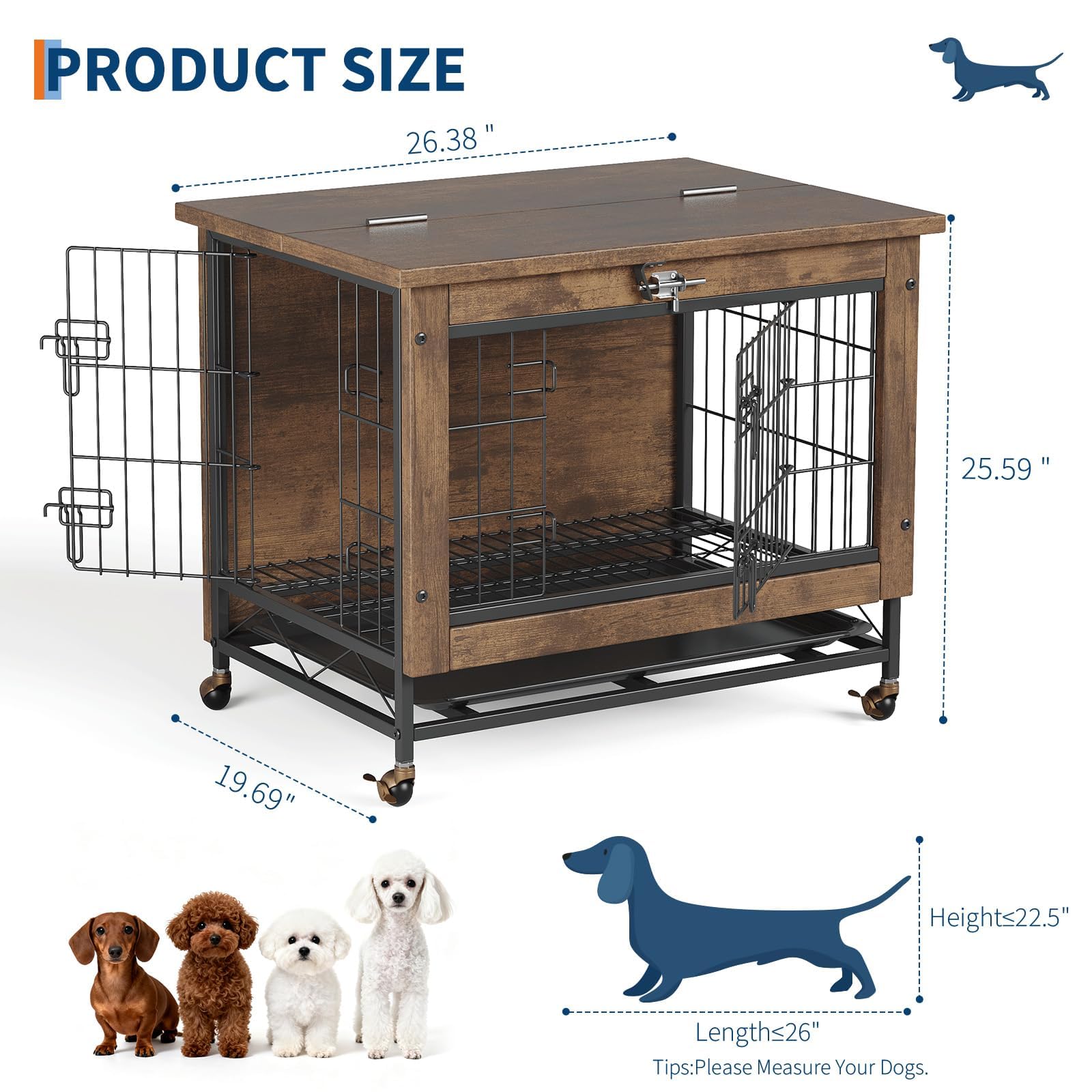 GarveeHome Hundekäfig Möbel aus Holz, Einfache Hundebox mit 2 Türen, Haustierkäfig mit Rollen UNH Ausziehbares Tablett Leicht zu Reinigende bissfest Hundebox Indoor für Hunde,67x50x65cm
