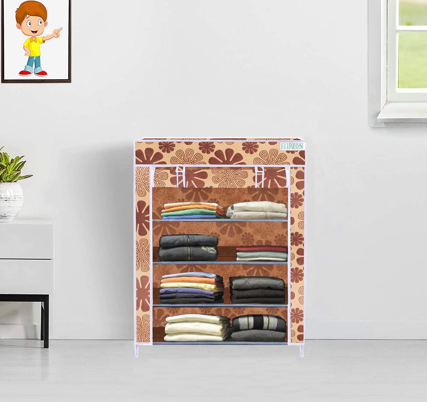 FLIPZON Collapsible Fabric Wardrobe Organizer (Iron and Non Woven Fabric) Beige, 4 Layer