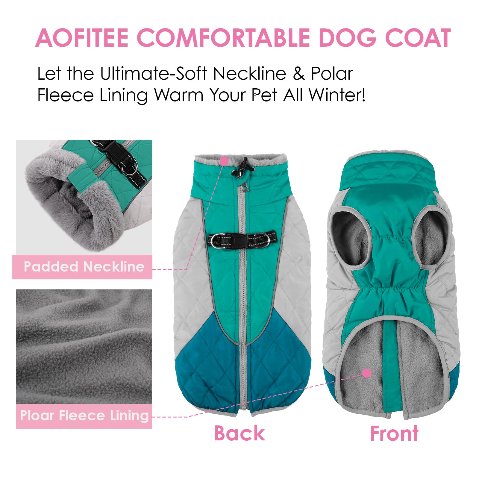 AOFITEE Cappotto per cani, caldo cappotto invernale per cani, a collo alto, riflettente, in pile, con imbracatura integrata