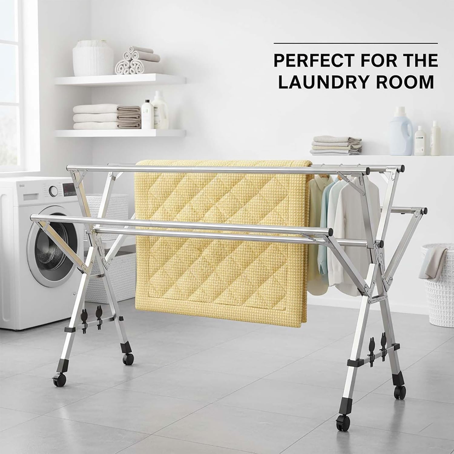 This Foldable Clothes Drying Rack, Collapsible Laundry Hanger, Stainless Steel Clothes Rack, Expandable Garment Rack for Indoor Outdoor Use, Space-Saving Design with Strong Load Capacity
