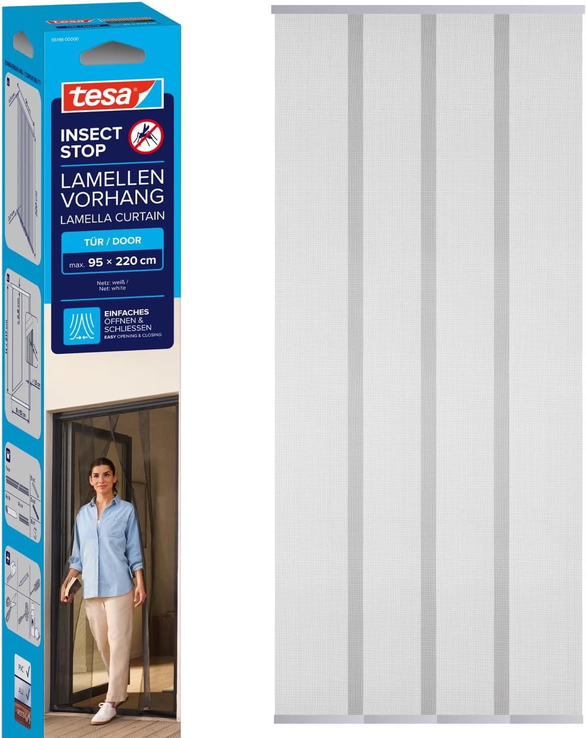tesa Insect Stop Lamella Door STANDARD - 4-piece Fly Screen for Doors with Hook & Loop Tape - No Drill Fly Curtain - in White, 95 cm x 220 cm