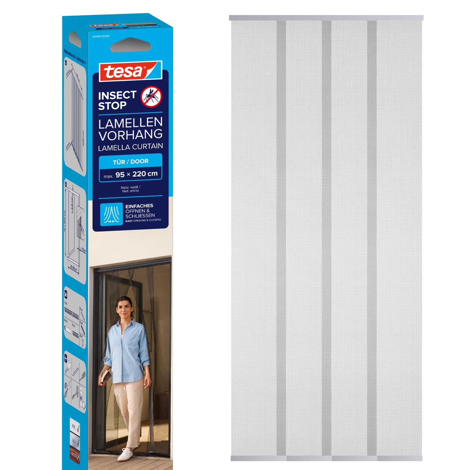 tesa Insect Stop Lamella Door STANDARD - 4-piece Fly Screen for Doors with Hook & Loop Tape - No Drill Fly Curtain - in White, 95 cm x 220 cm