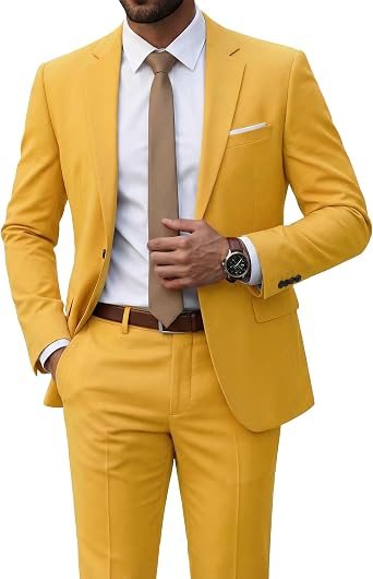 MrSure Mens 2 Piece Slim Fit Suit with Stretch Fabric, One Button Solid Jacket Pants & Tie Set