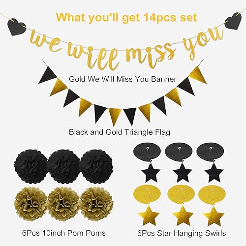 Miniatura 2 de Kit de suministros de decoración de fiesta de despedida – 14 piezas – Bandera de Te Extrañaremos, Bandera triangular, 6 espirales de estrella, 6