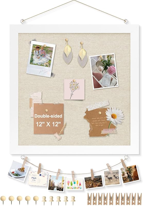 Double-Sided Small Wood Framed Cork Board for Wall, 12" x 12" | Hanging Bulletin Board, Picture Display Vision Board Kit Corkboards for Wall Room School Office Decor, 10 Pushpins