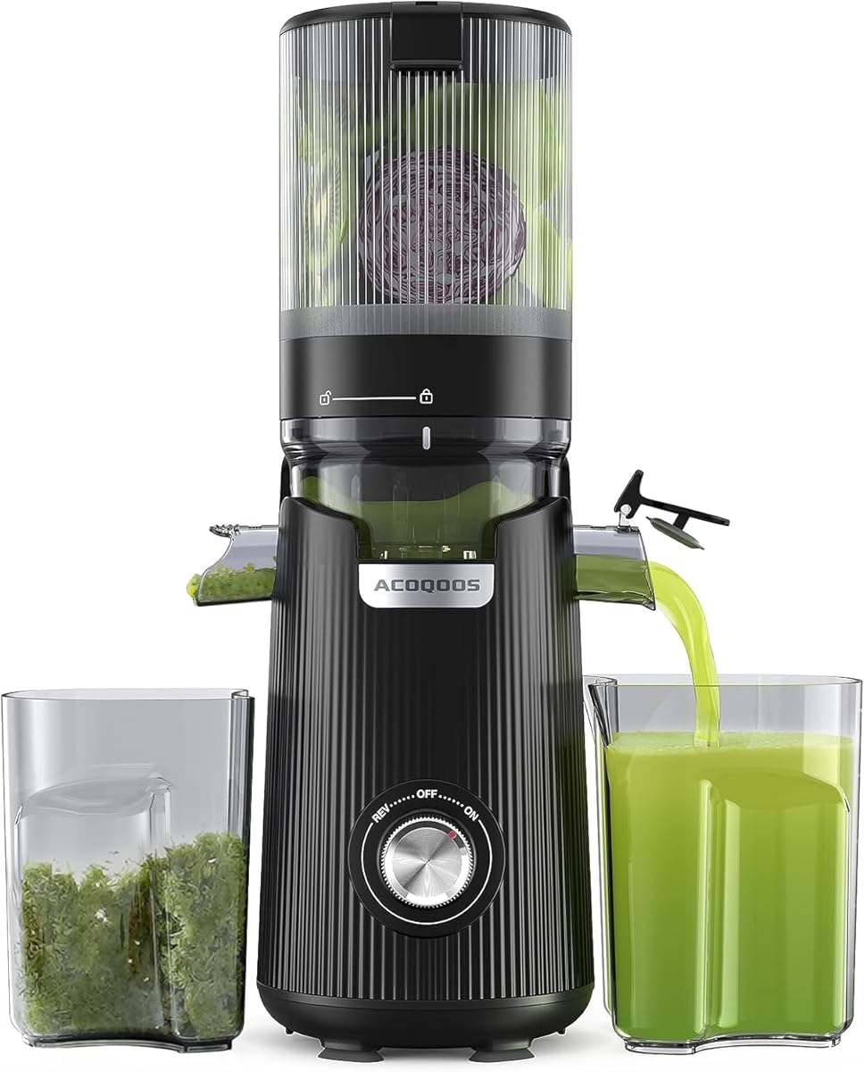 ACOQOOS Entsafter, Entsafter für Ganze Gemüse und Obst, 135 mm Breite und Größere Fütterungsröhre, 1,8 L Füllvolumen, Leicht zu Reinigender Slow Juicer mit 2 Gläsern, Elektrische Saftpresse Schwarz