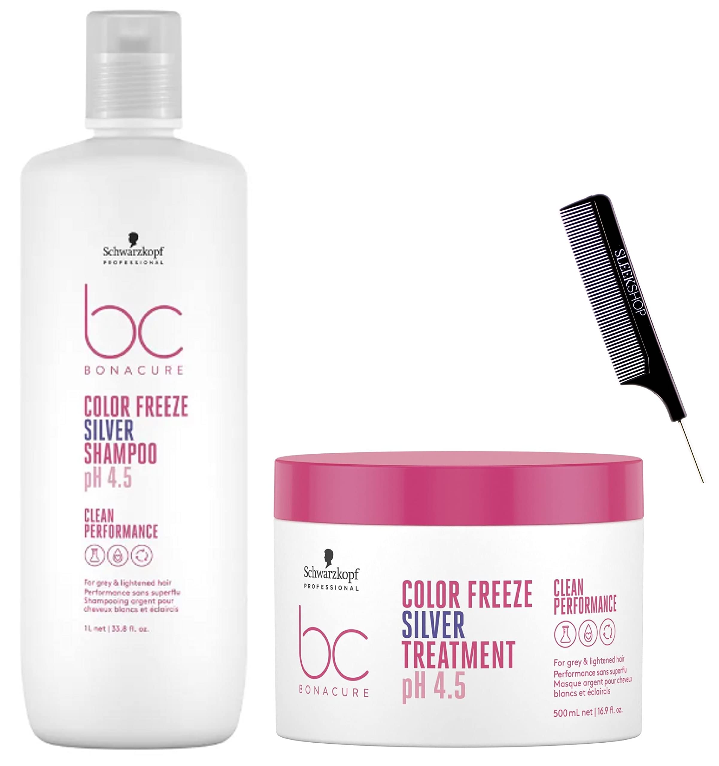 Schwarzkapf BC Bonocure COLOR FREEZE pH 4.5 SILVER Shampoo & SILVER Treatment DUO SET for Grey & Lightened Hair, Newest 2023 Formula (w/ SLEEKSHOP Steel Pin Rat Tail Comb) Clean Hair Performance, Vegan (Silver Shampoo (33.8 oz) + Treatment (16.9 oz))