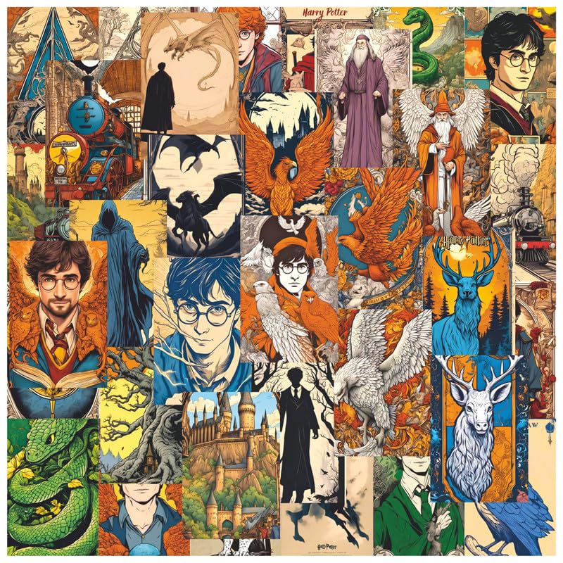 Image of POSTERONN Wizard Movie Aesthetic Wall Collage Kit Set of 54 Premium 4x6 Inch Cardstock Photo Posters Vintage Film Theme Room Decor for Bedroom Study Dorm with Glue Dots Gallery Wall Set