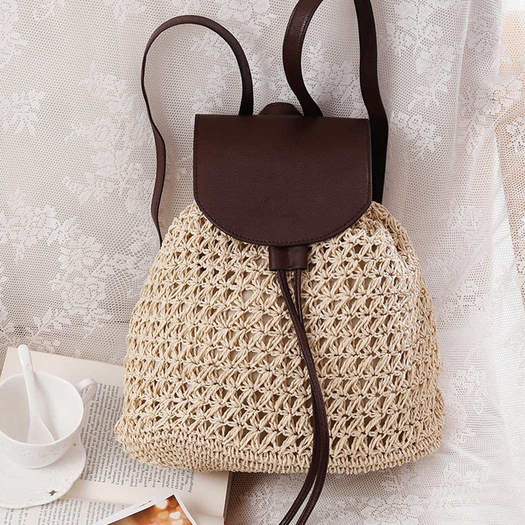 Zaino estivo da donna, in paglia, alla moda, beige, con tracolla intrecciata, da spiaggia