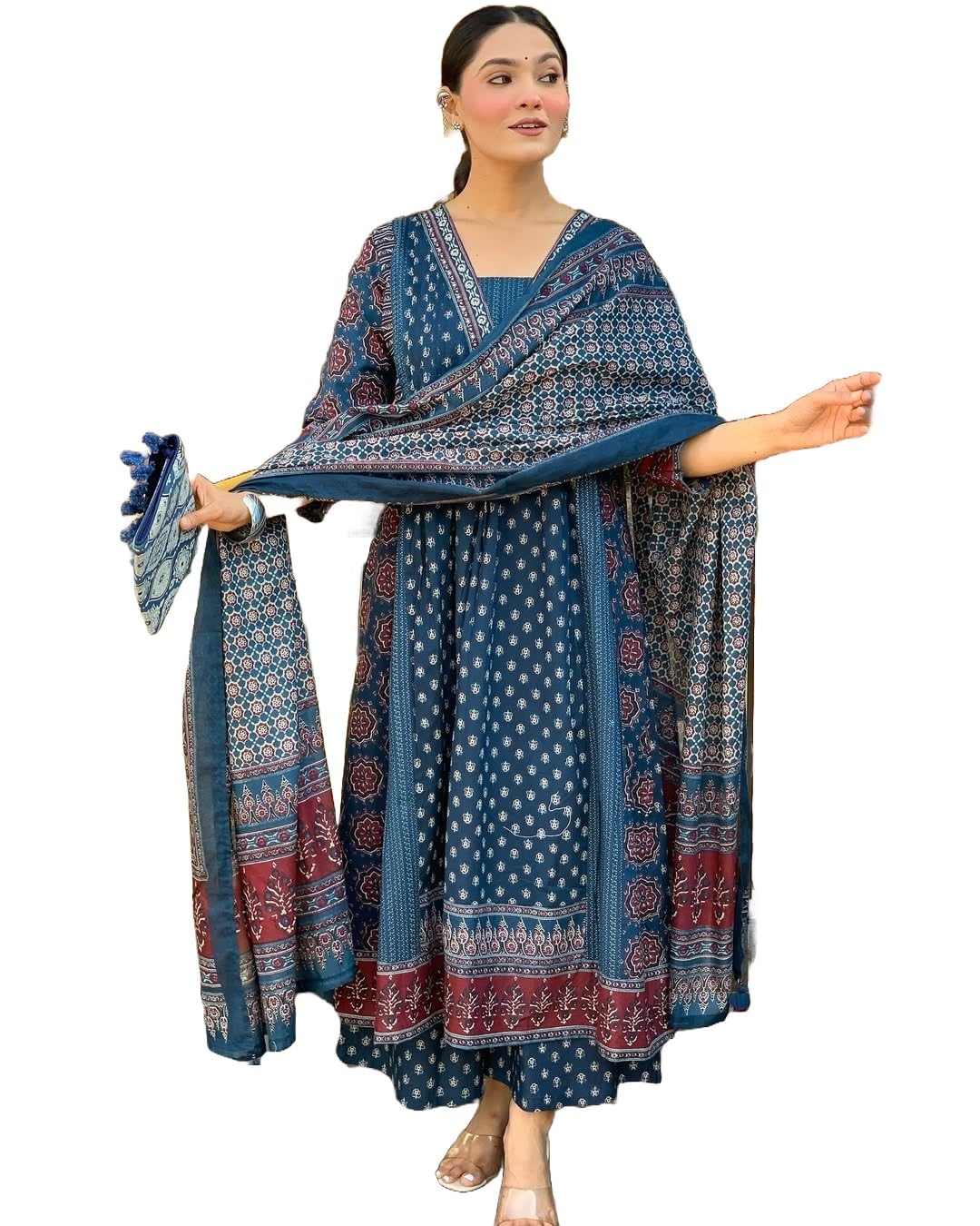 Women Printed Flared Anarkali Kurta and Pant Set with Dupatta-image-43