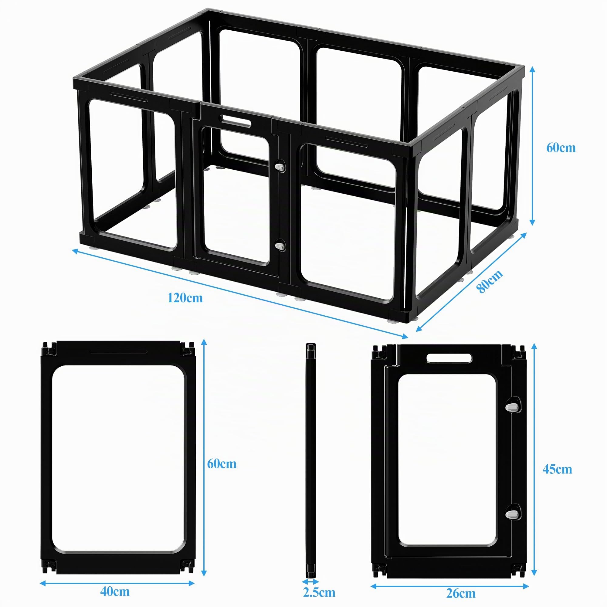 60cm/75cm Klarer Acrylplastik Welpenlaufstall, Transparenter Hundelaufstall mit Tür, Leicht reinigen, Welpenauslauf für Wohnung (Schwarz, 60cm Höhe, 9+1 (10 Stück))