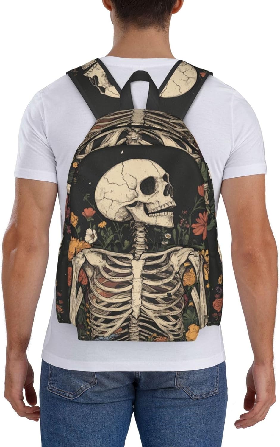 SUPLUCHOM School Backpack Skeleton Flower Skull Vintage Casual Daypack Laptop Bag with Side Pockets Bookbag for School Travel Hiking Work Student Over 3 Years Old Kids