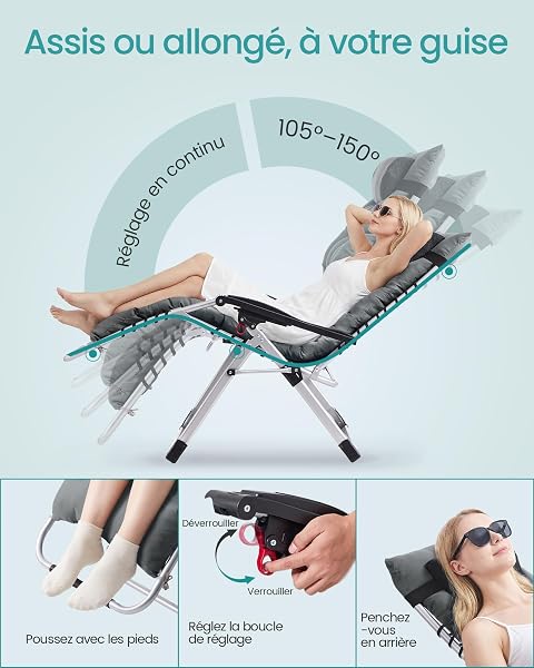 SONGMICS Chaise Longue Pliante, Chaise de Gravité Zéro avec Coussin Amovible, Structure en Acier, Supporte Jusqu'à 110 kg, Appui-Tête Réglable, Sac, Plateau, pour Jardin, Balcon, Gris Foncé GLB040GZ03 - 4