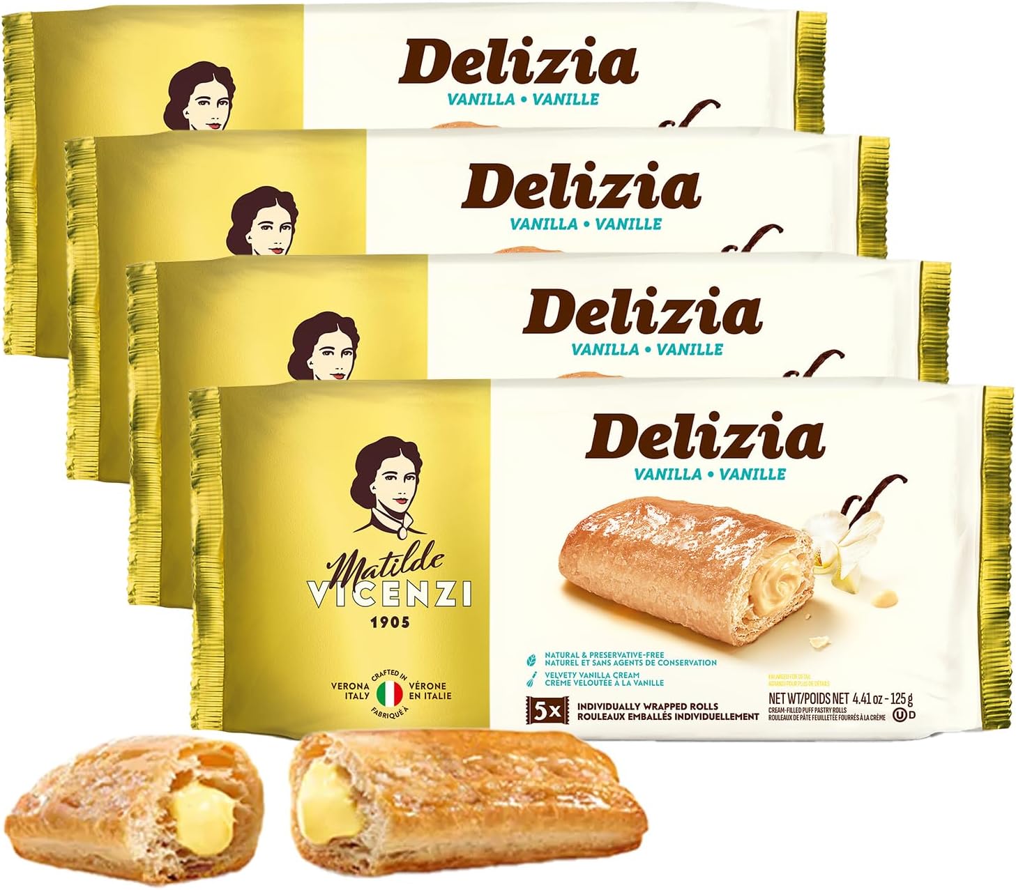 Delizia Pasticceria Matilde Vicenzi Cream Filled Puff Pastry Patisserie Rolls, All Natural, Kosher Dairy Products, Made in Italy, 125 g, Pack of 4