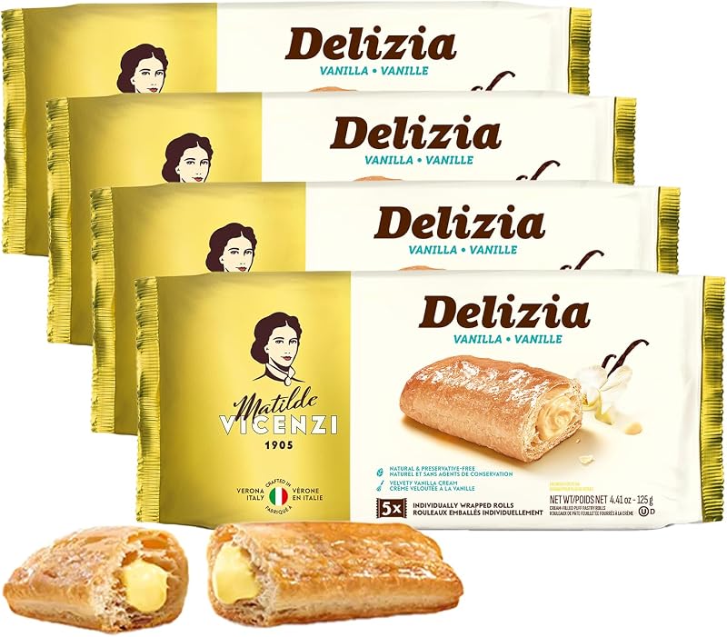 Delizia Pastry Cream by Pasticceria Matilde Vicenzi, Cream Filled Puff Pastry Patisserie Rolls, All-Natural, Kosher Dairy, Made in Italy - 4.41oz (125g) Box, 4-Pack