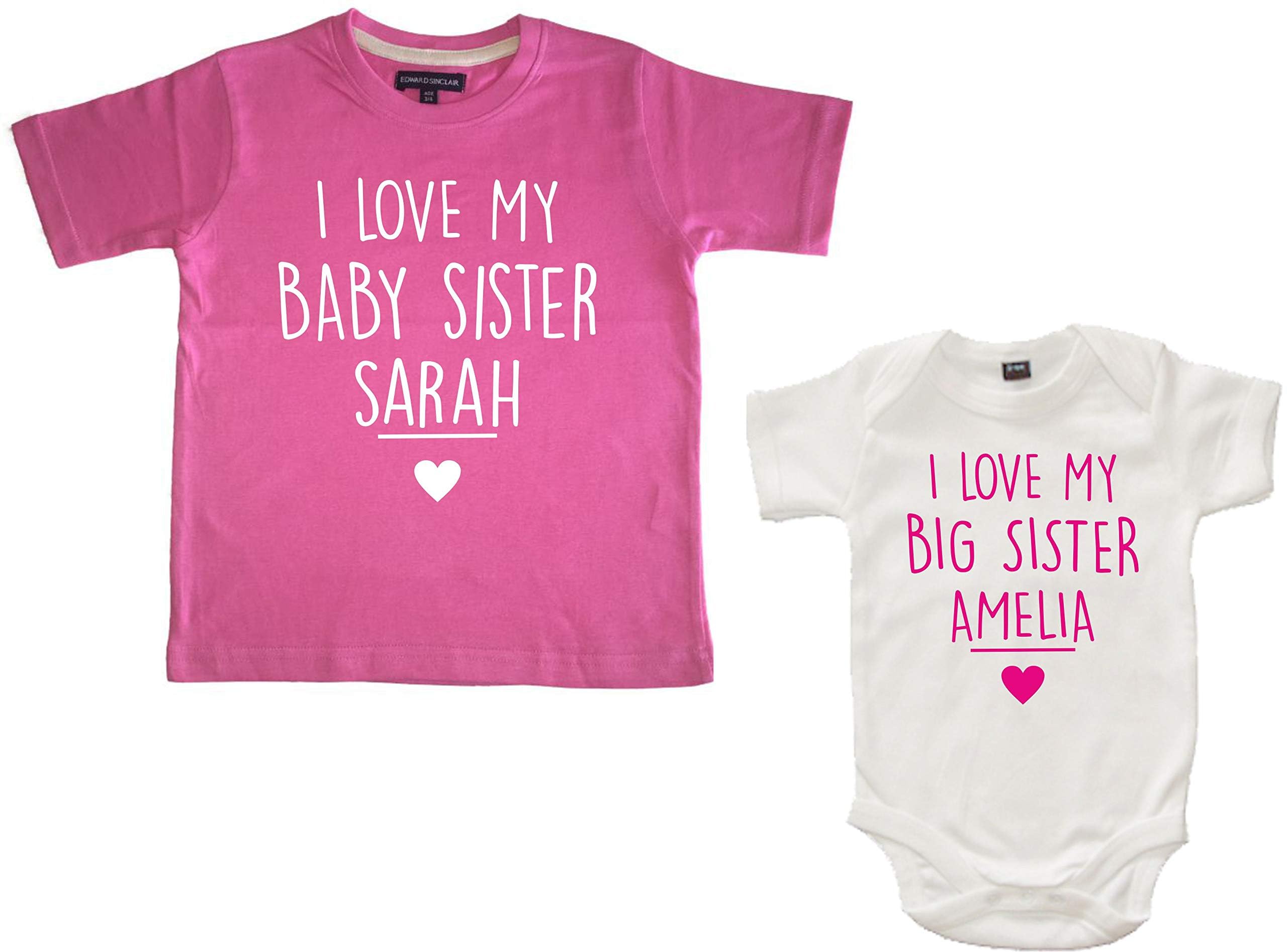 Edward Sinclair Personalisierbares T-Shirt mit Aufschrift "I Love My Baby Sister", Bubblegum Pink und weißer Body mit Ihrem Namen