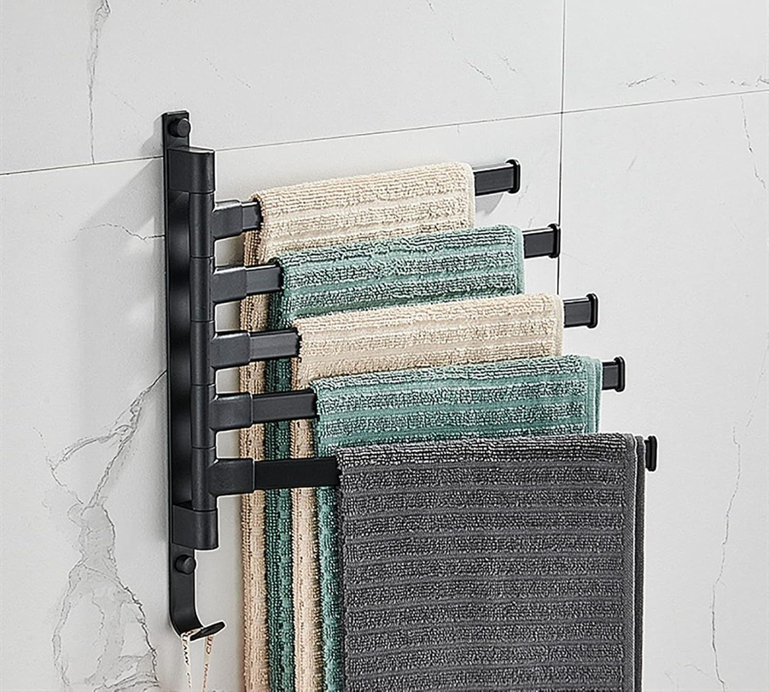 Swivel Towel Rack, 5-bar Swing Out Towel Bar Black with Hooks Wall Mounted 180° Rotation, Aluminum Alloy Towel Hanger, Space Saving for Kitchen Bathroom (5-Arm, Black)