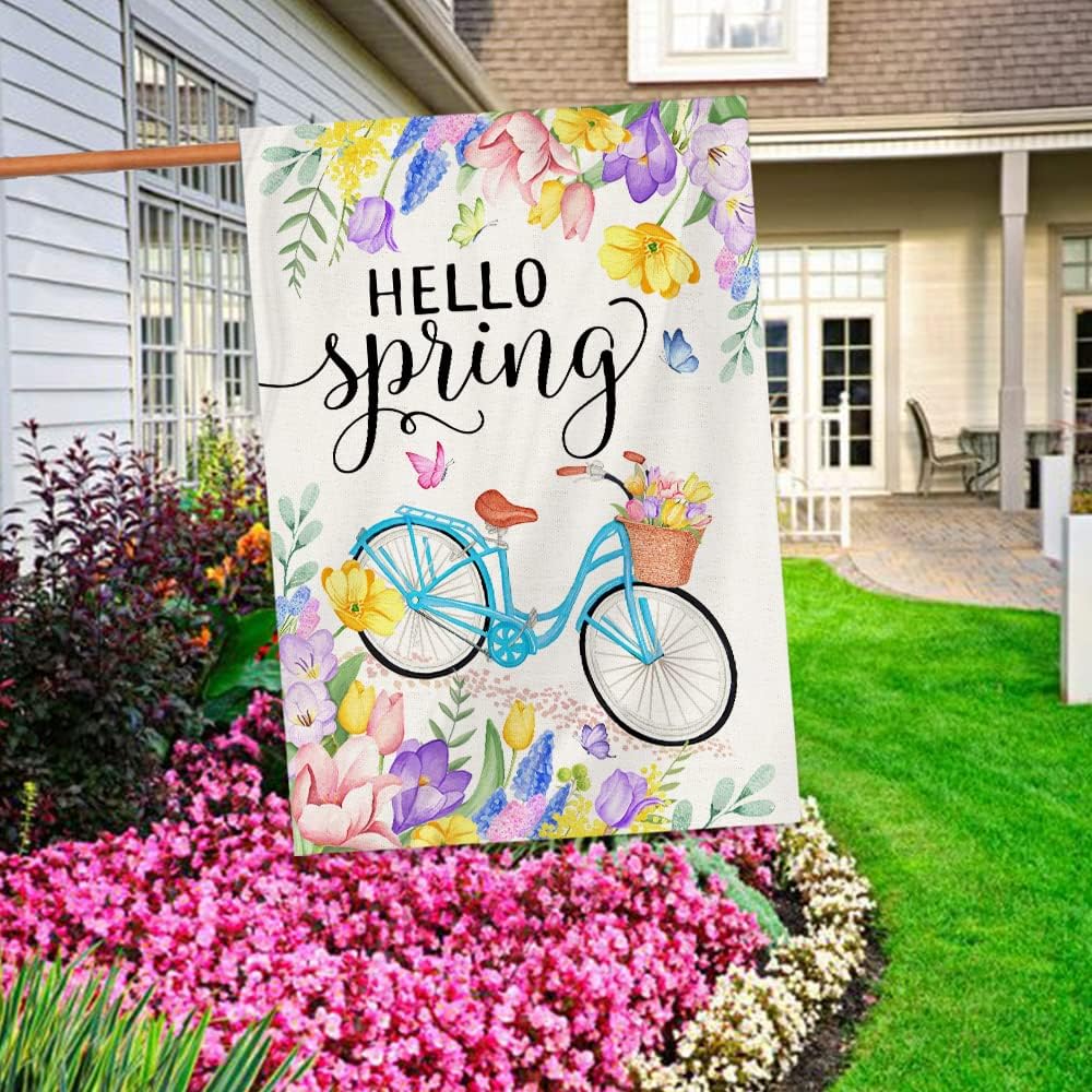 Spring Flag, Hello Spring Flags for Outdoors 28 x 40 Double Sided, Welcome Tulip Flowers with Bike Burlap House Flag, Seasonal Farmhouse Garden Yard Lawn Signs for Home Outside Décor