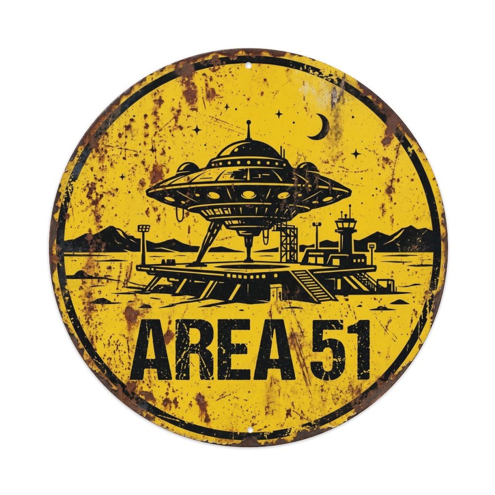Vintage Alien Area 51 Starship Docking Metal Tin Sign Plaque Wall Decor for Cafe, Club, Garden Round Metal Poster 8x8Inch