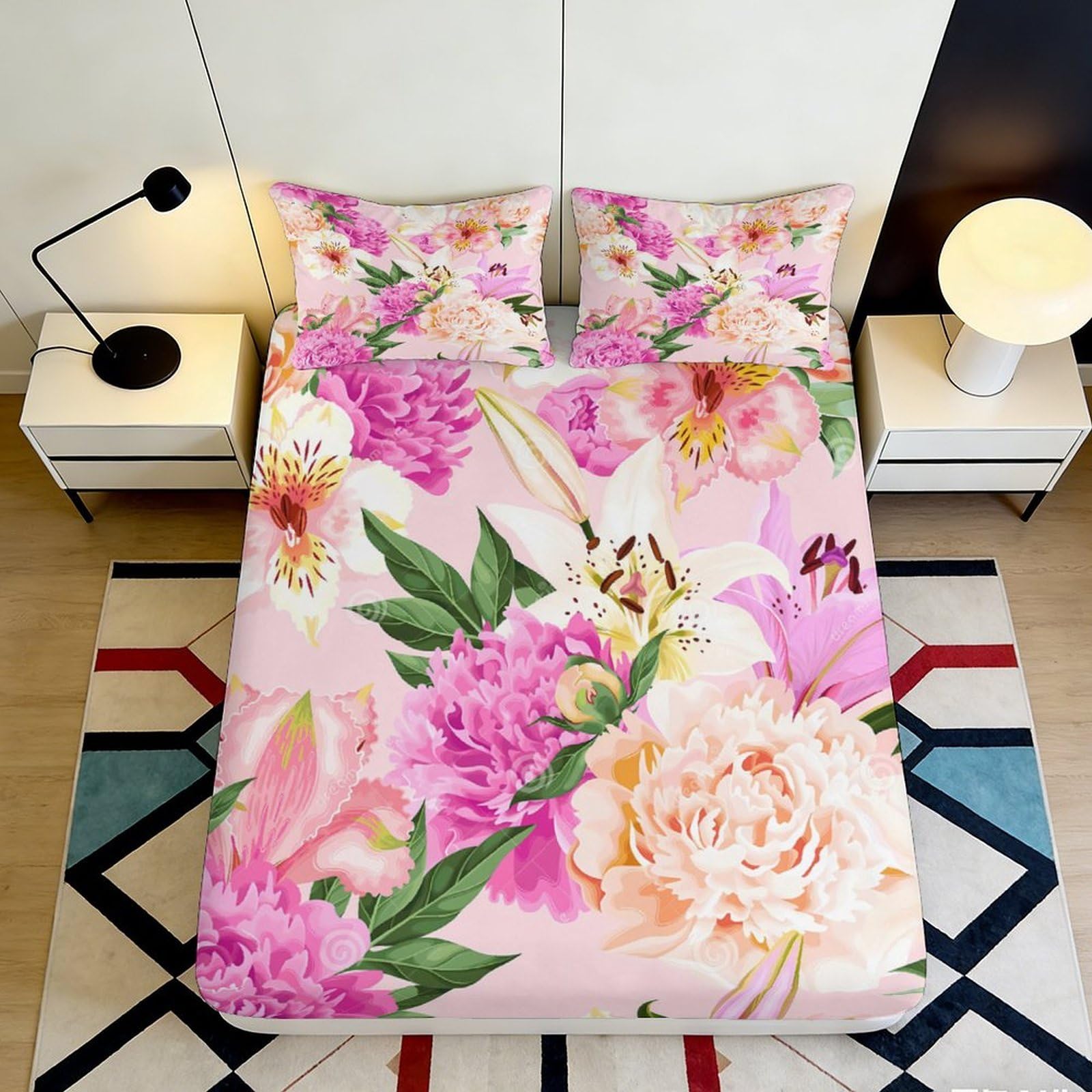 3D Printed Pink Floral Fitted Sheet Microfiber Soft Breathable Peony Pattern Bed Cover for Bedroom Dormitory Guest Room Mattress Protection 200x200x25cm