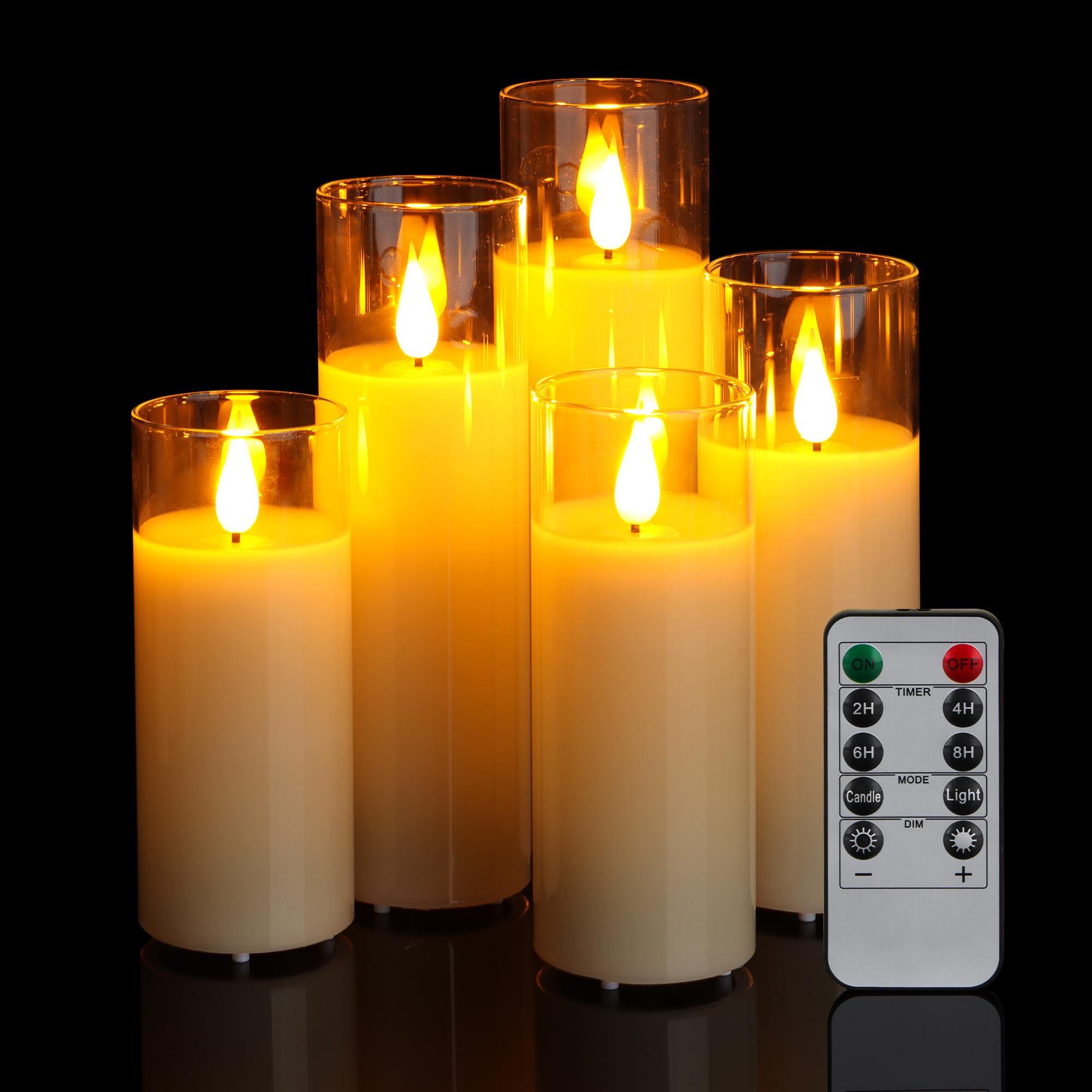 FREEPOWER 5 velas LED de cristal auténtico, cera real, funciona con pilas, sin llama, con mando a distancia, temporizador, luz blanca cálida, diámetro de 5,3 x 13/14/16/18/20 cm