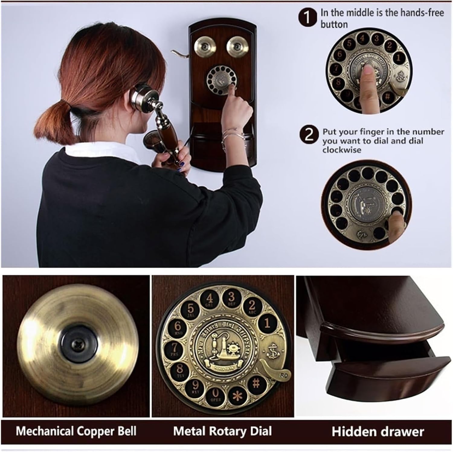 Wall-Mounted Telephone Vintage Style Rotary Retro Old Fashioned Rotary Dial Home and Office Telephone Phone Home Living Room Decor