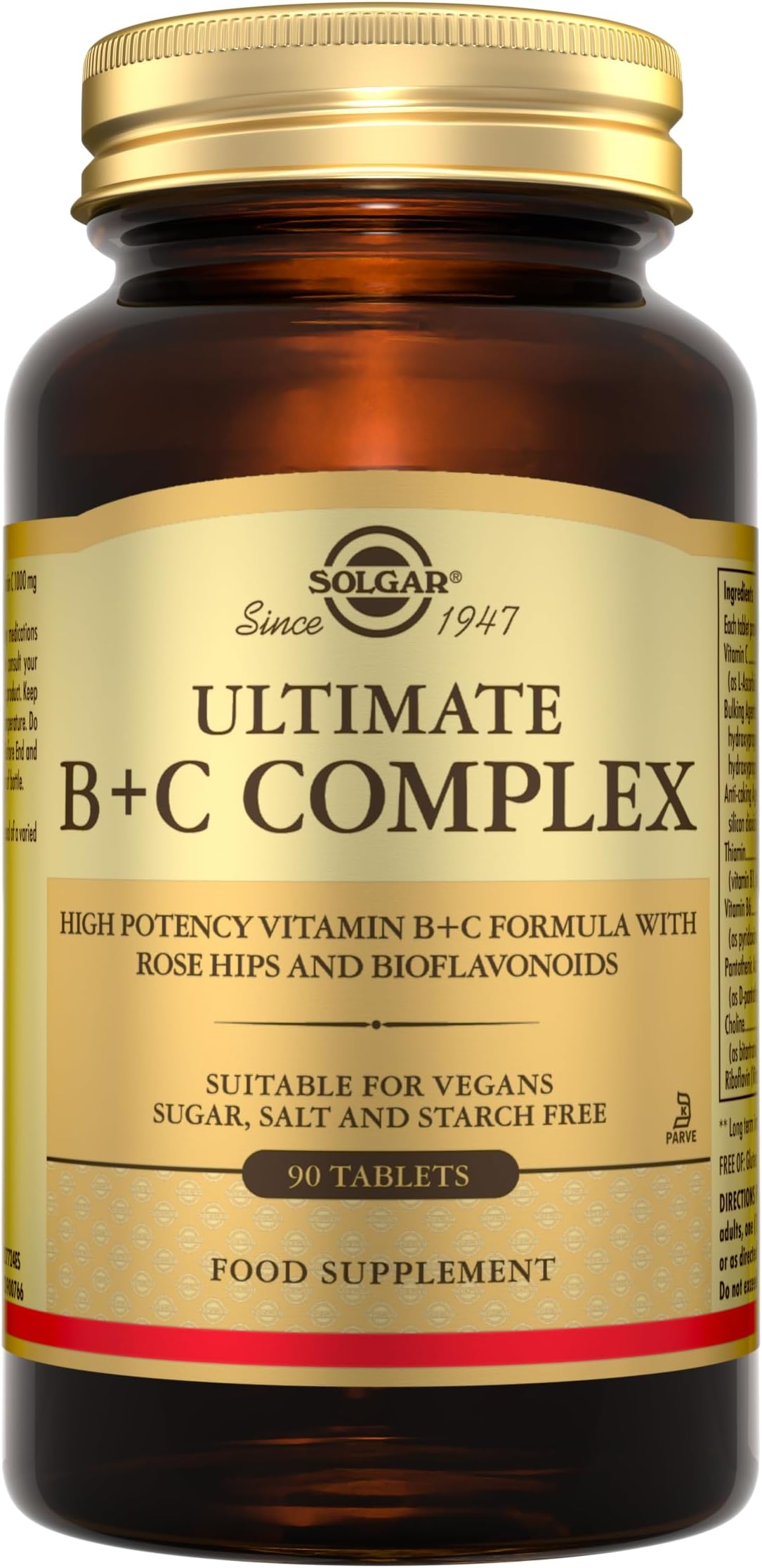 Ultimate B Plus C Complex Tablets - Pack of 90 - B1, B2, B3, B4, B5, B6, B7, B12, Vitamin C - Multivitamin for Metabolism and Nervous System Support - Vegan, Kosher and Gluten-Free