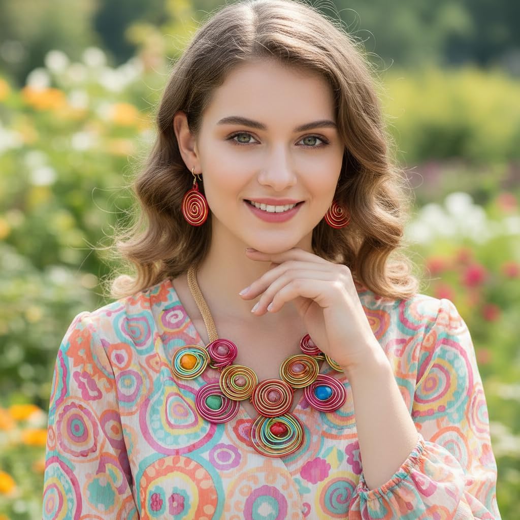 Colorful Spiral Wire Jewelry Set, Statement Necklace and Earrings with Multicolor Crystal,Rose Gold Chain - Image 2