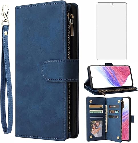 Asuwish Compatible con Samsung Galaxy A53 5G 2022 - Funda tipo cartera y protector de pantalla de vidrio templado, funda de cuero con tapa para