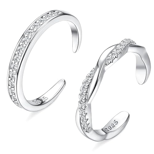 JeryWe 2 Stück Sterling Silber Zehenringe für Frauen Teenager-Mädchen einstellbar Knöchel Band Zehenringe CZ Twist stilvolle Sommer Strand offen Zehenring Fuß Schmuck Set