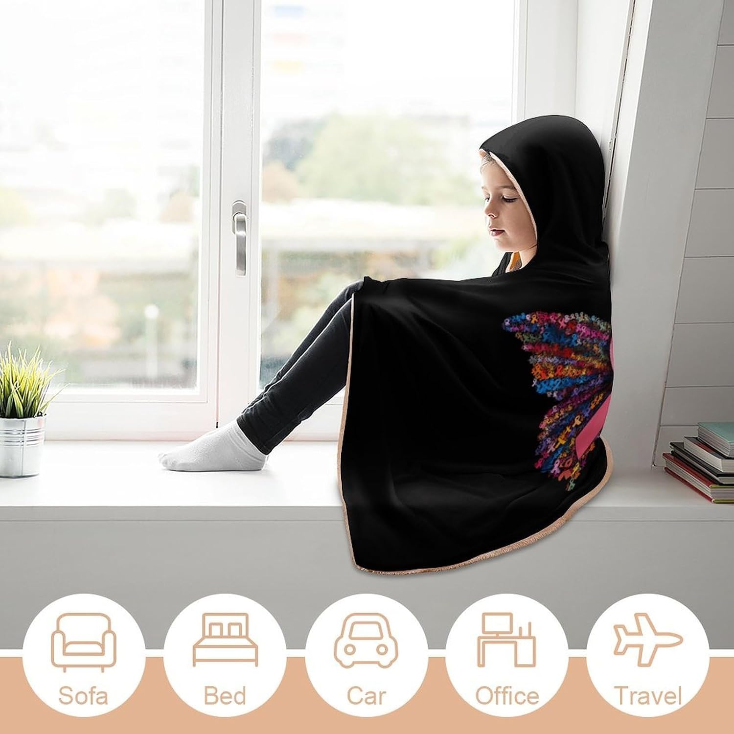 Breast Cancer Ribbon Butterfly Wearable Blanket Oversized Throw Cape | Cozy Hooded Blanket Gifts for Women Men