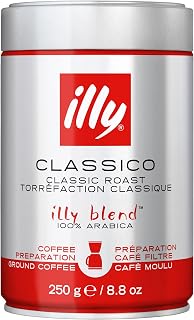 illy Classico Ground Drip Coffee, Medium Roast, Classic Roast with Notes Of Caramel, Orange Blossom and Jasmine, 100% Arabica Coffee, All-Natural, No Preservatives, 250g Can (Pack of 1)