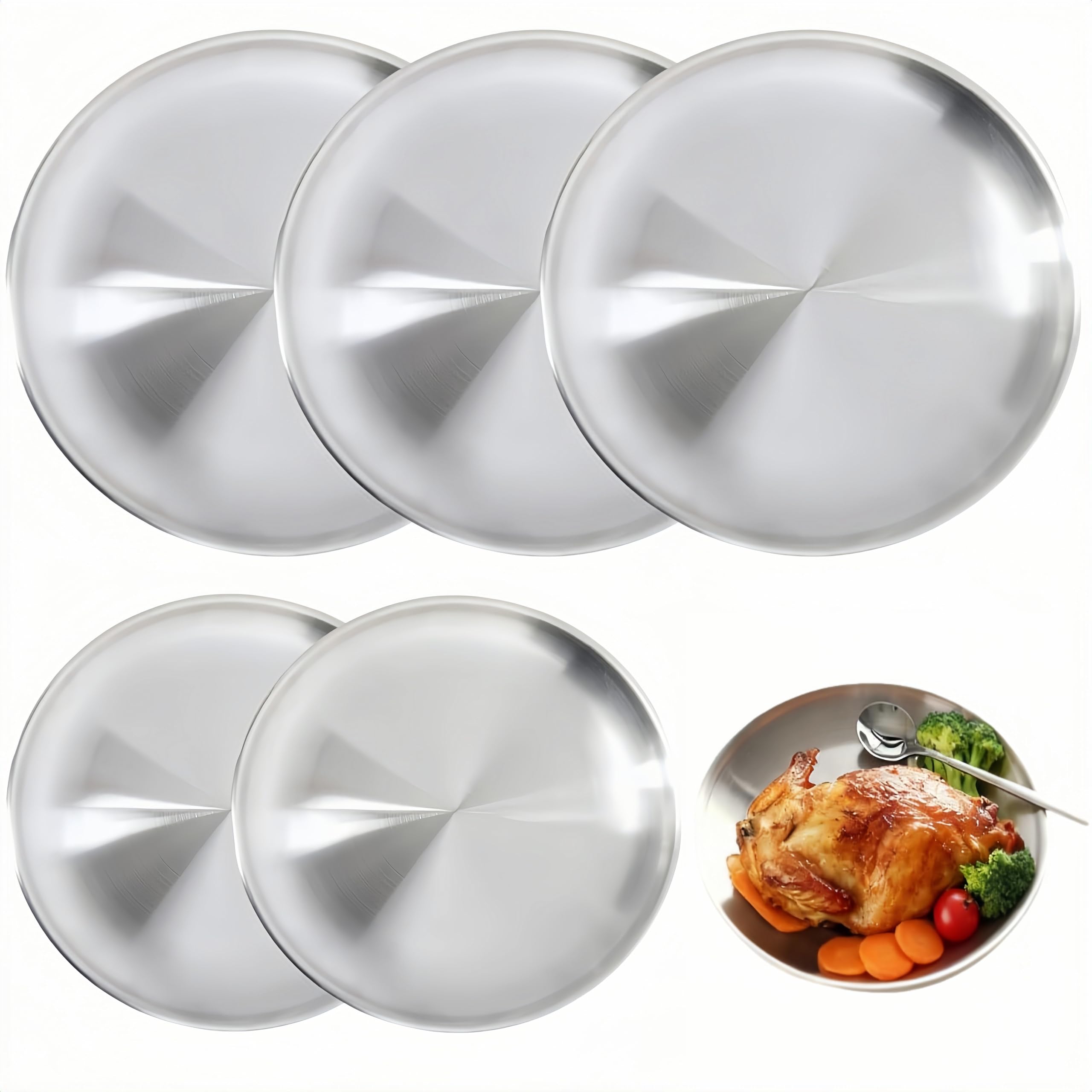 5 Stoviglie Rotonde in Acciaio Inox da Campeggio, Diametro 20 cm × 3/17 cm × 2
