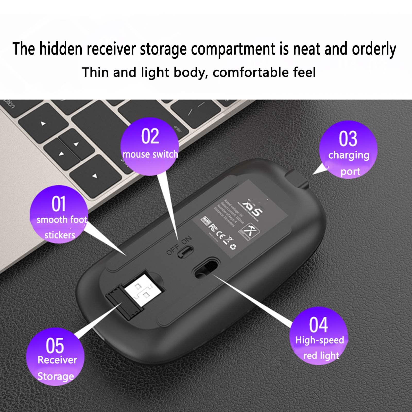 Mysz Mysz bezprzewodowa Mysz komputerowa do laptopa USB do gier Bluetooth Ergonomiczna mysz Urządzenie wskazujące Optyczne śledzenie Ładowalna kolorowa lampa oddechowa Regulowana czułość DPI(Schwarz)