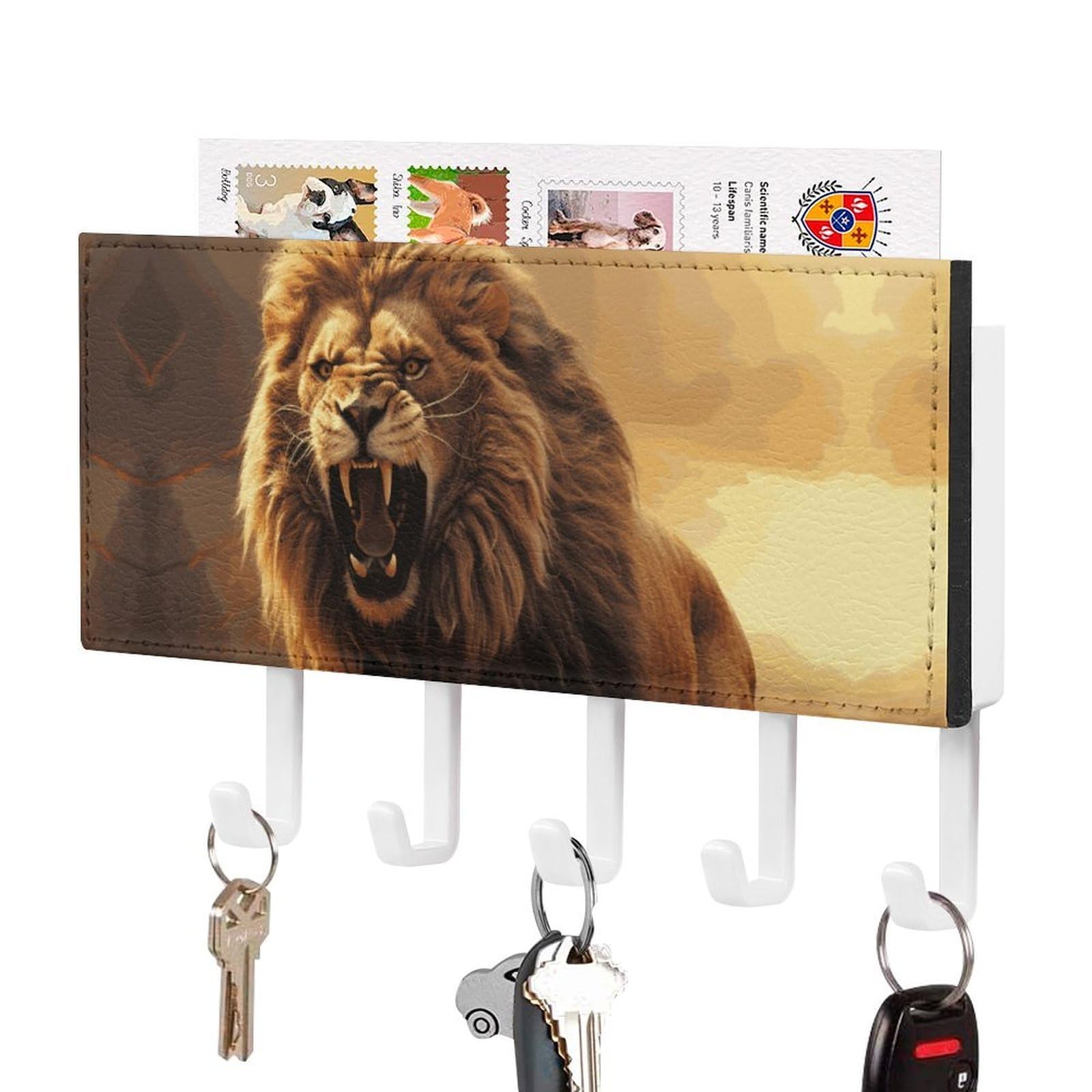 DWVTSLH Angry Roaring Lion Key Holder for Wall, Decorative Key Hooks with Mail Organizer & 5 Hooks, Self Adhesive Leather Key Hanger for Entryway, Wall Mounted Key Rack (7.1” X 4.3” X 0.9”)