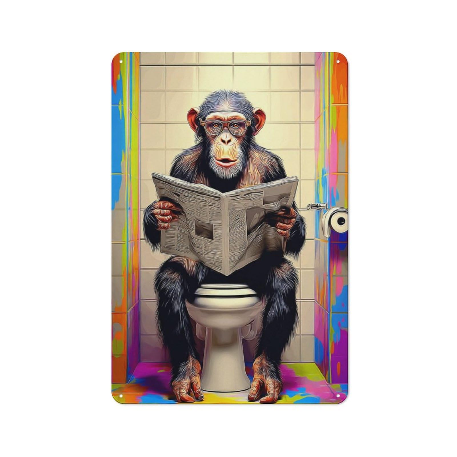 Junmoney Chimpanzee Reading Newspaper On Toilet-1 Metal Wall Sign With Design 30X20cm, Loft Style Studio Wall Art For Flat, Bar, Studio Or Gallery Wall