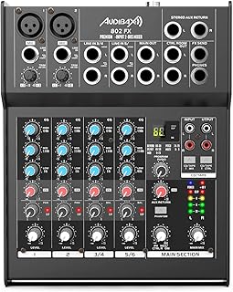 Audibax 802 FX – Mesa de Mezclas de Sonido – Mezclador de Audio de 6 Canales – DSP de Efectos con 79 Programas – 2 Entradas Estéreo Jack – Ecualizador de 3 Bandas – Alimentación de 48 V Phantom Power