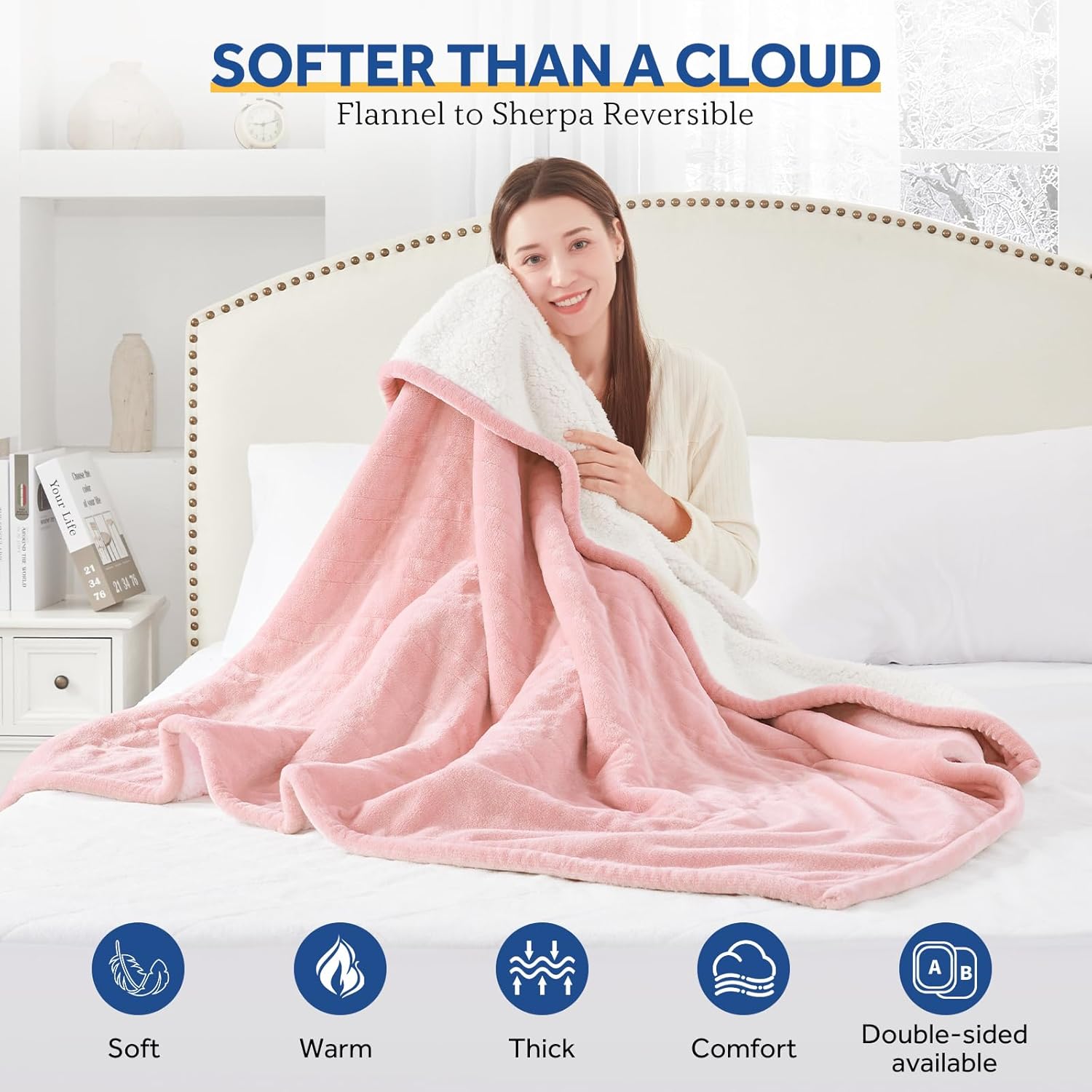 Sealy Heated Blanket Throw with Built-in Button Controller, Reversible Flannel to Sherpa Electric Blanket with 2-10 Hours Auto-Off & 4 Heating Levels, Over-Heat Protection, 50x60 inch, Pink