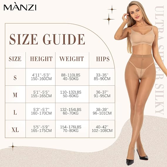 MANZI 3 Pairs Women's Ultra Sheer Tights Silky High Waist Pantyhose,20D