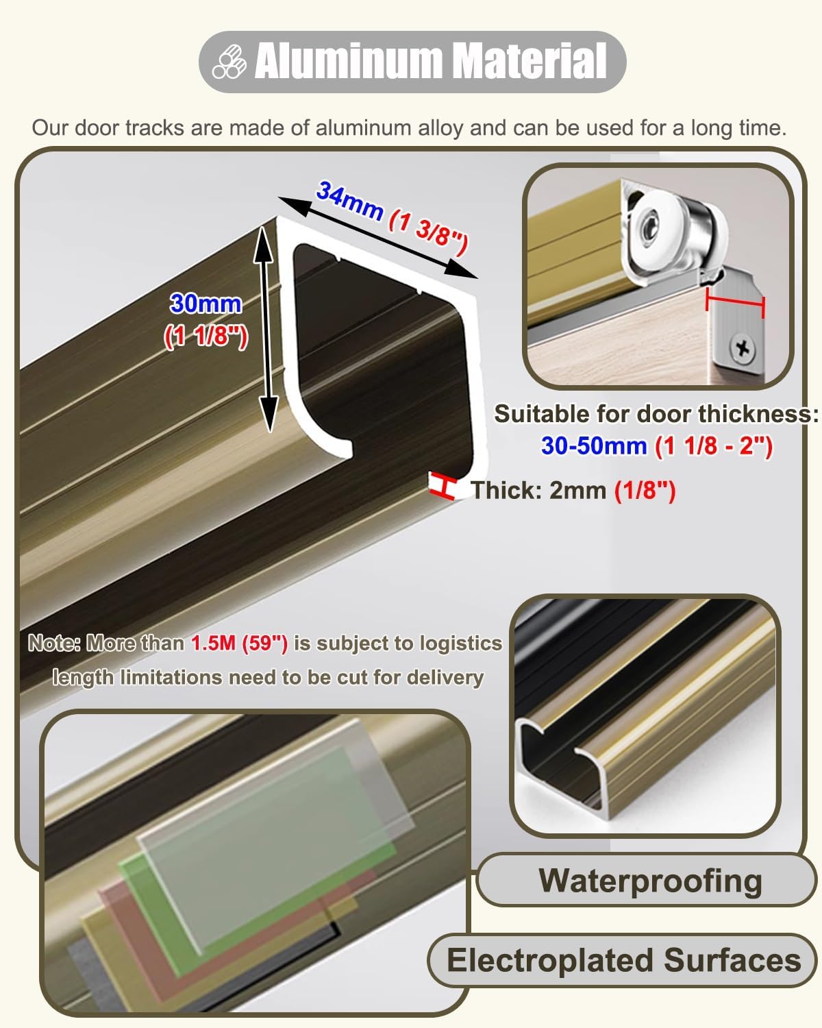 3FT 4FT 4.5FT 5FT 5.5FT 6FT Sliding Door Hardware Kit, Heavy Duty Barn Door for Bypass Door/Cabinet Door, Wall Mount Pocket Door Track Champagne Gold(13.8ft/4.2m)