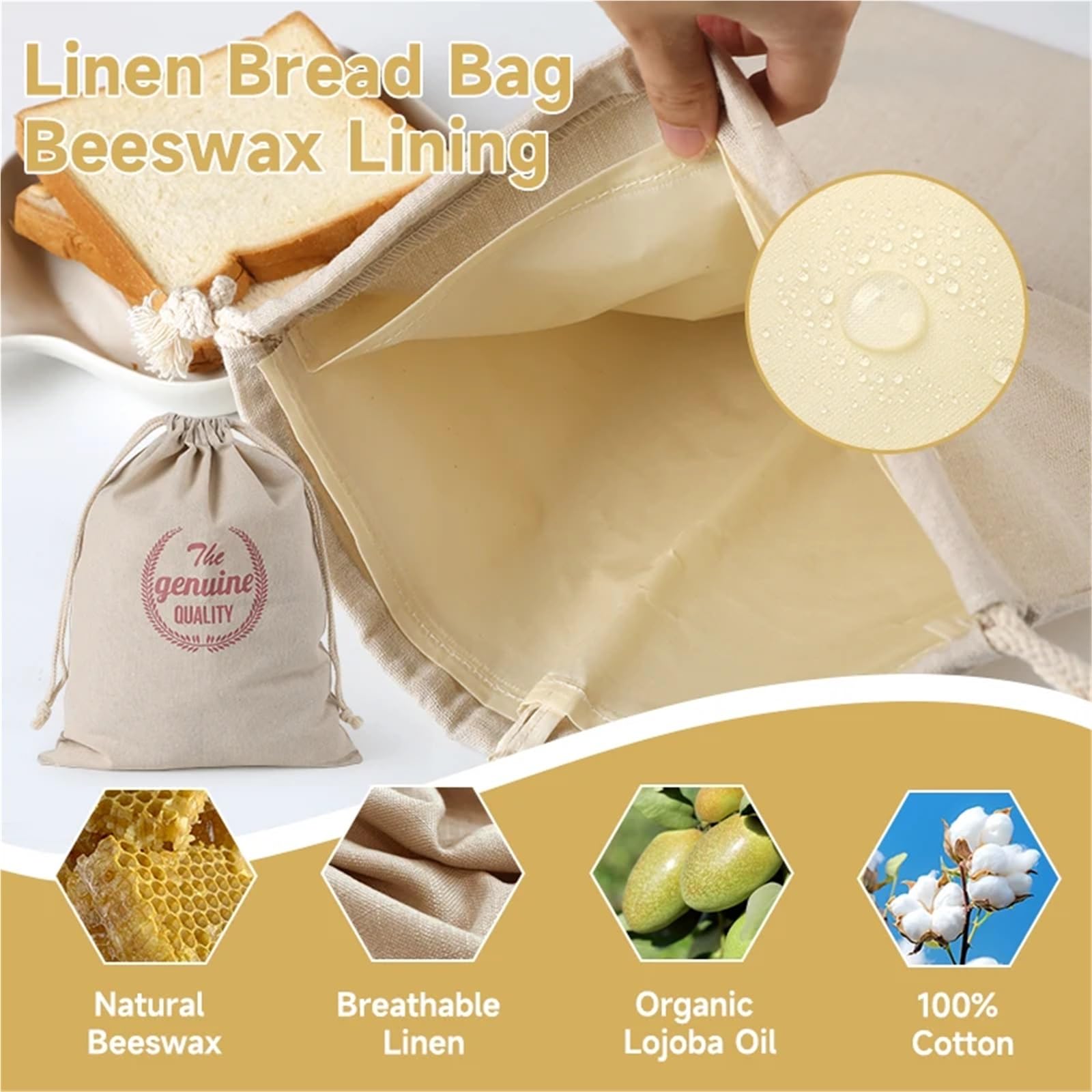 Brotbeutel, Brot-Aufbewahrungstasche aus Leinen, 2 Stück, Bienenwachs, mehrfarbig, Kordelzug, waschbar, herausnehmbares Futter(2pcs Linen Beeswax)