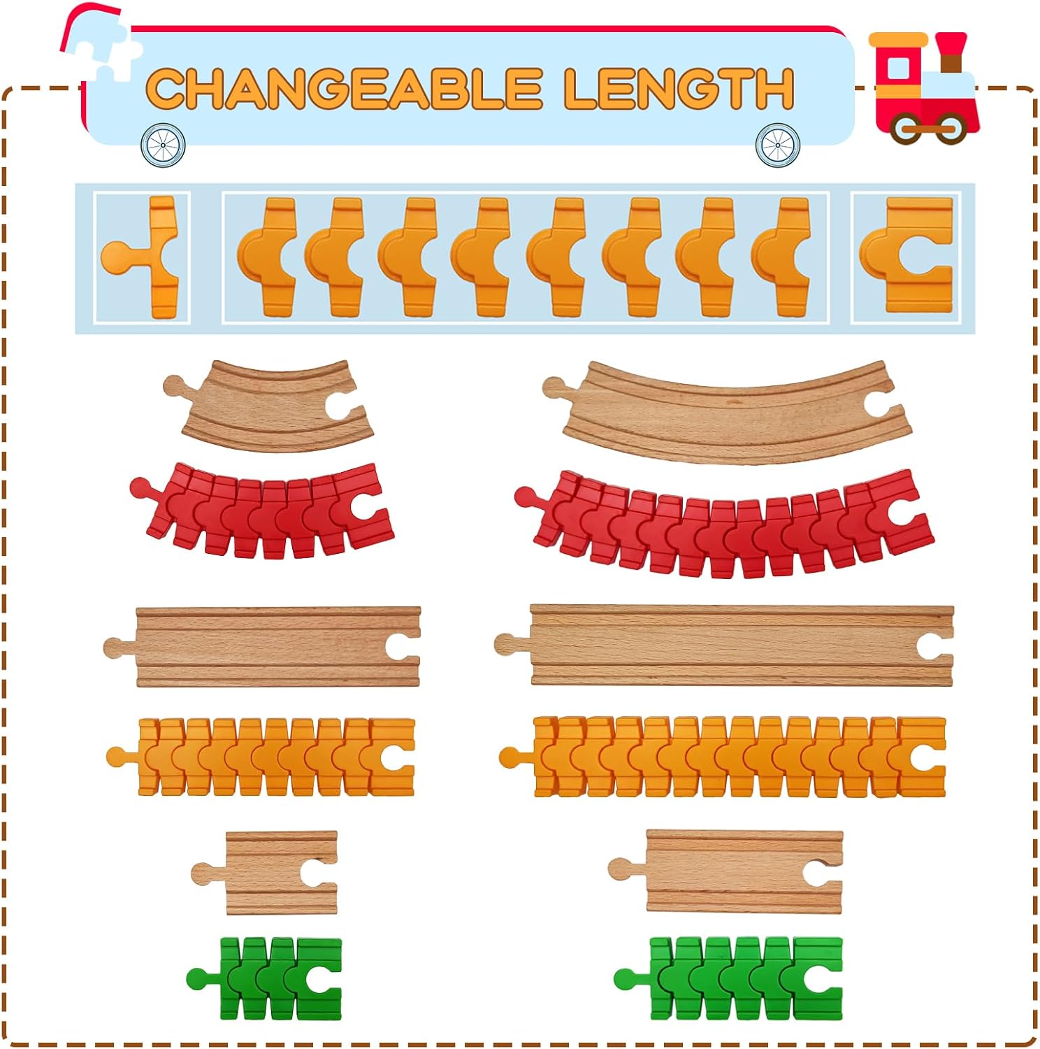 Wooden Train Track Accessories Set, 32 pcs Track Connector, Compatible with All Major Brands Train Tracks, Christmas Birthday Gift for Boys Girls, Trains Toys Expansion Pack for Kids Ages 3+