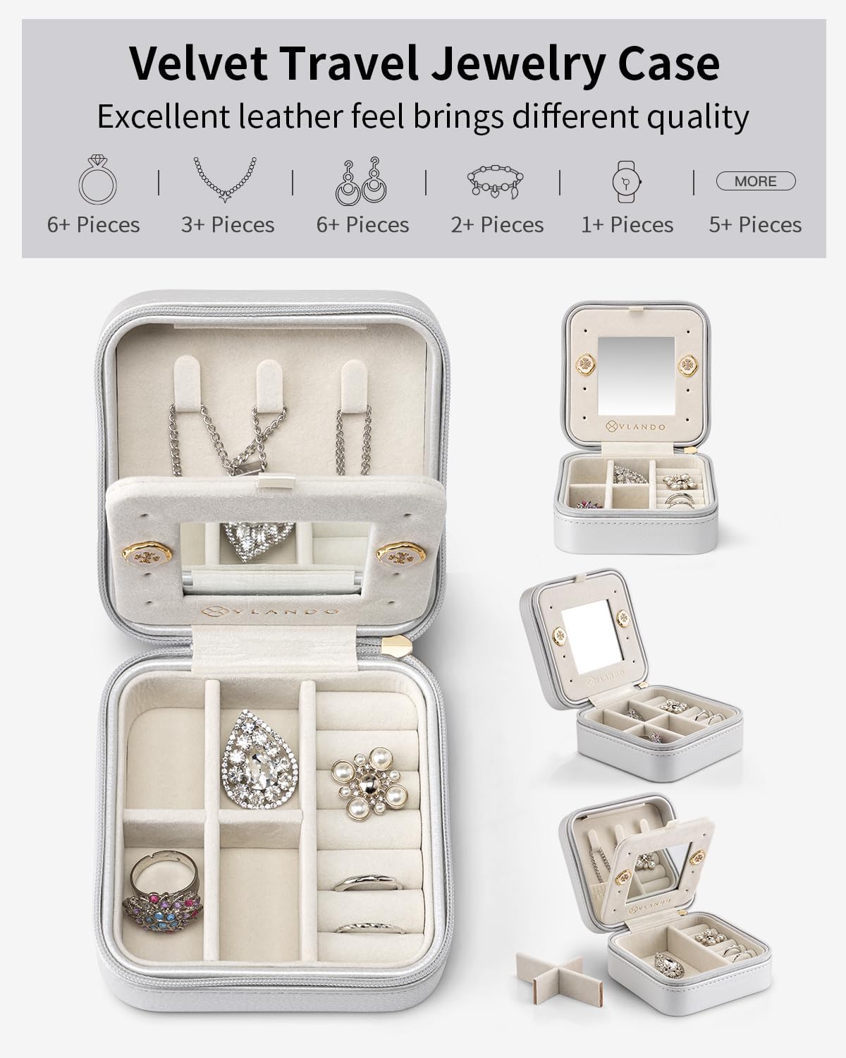 Vlando Travel Jewellery Box Organiser,Small Jewellery Case, Gifts for Women,for Earring, Necklace, Bracelet,Grey 5