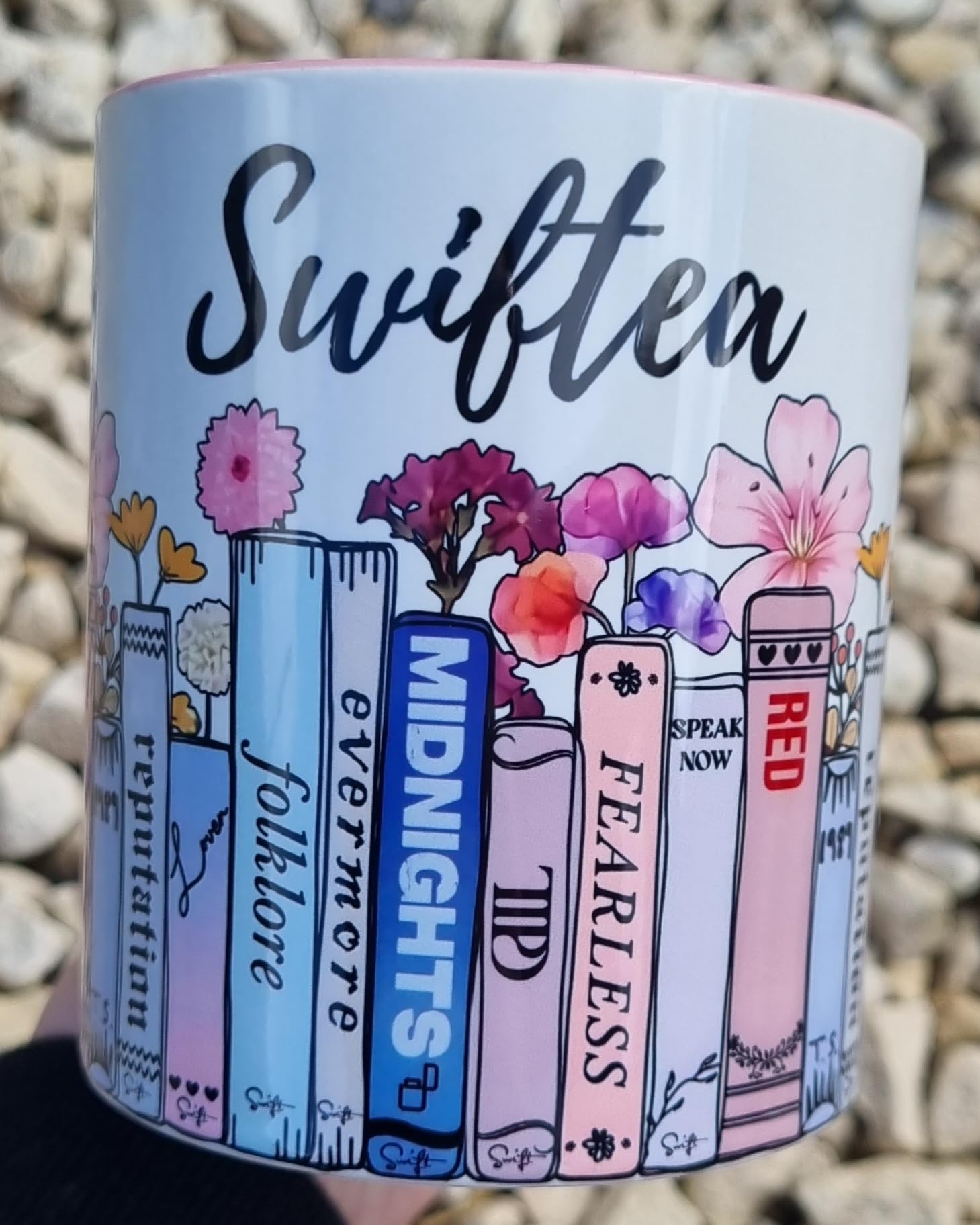 Floral Bookcase Albums Design-11oz Ceramic Coffee Cup - (Pink)