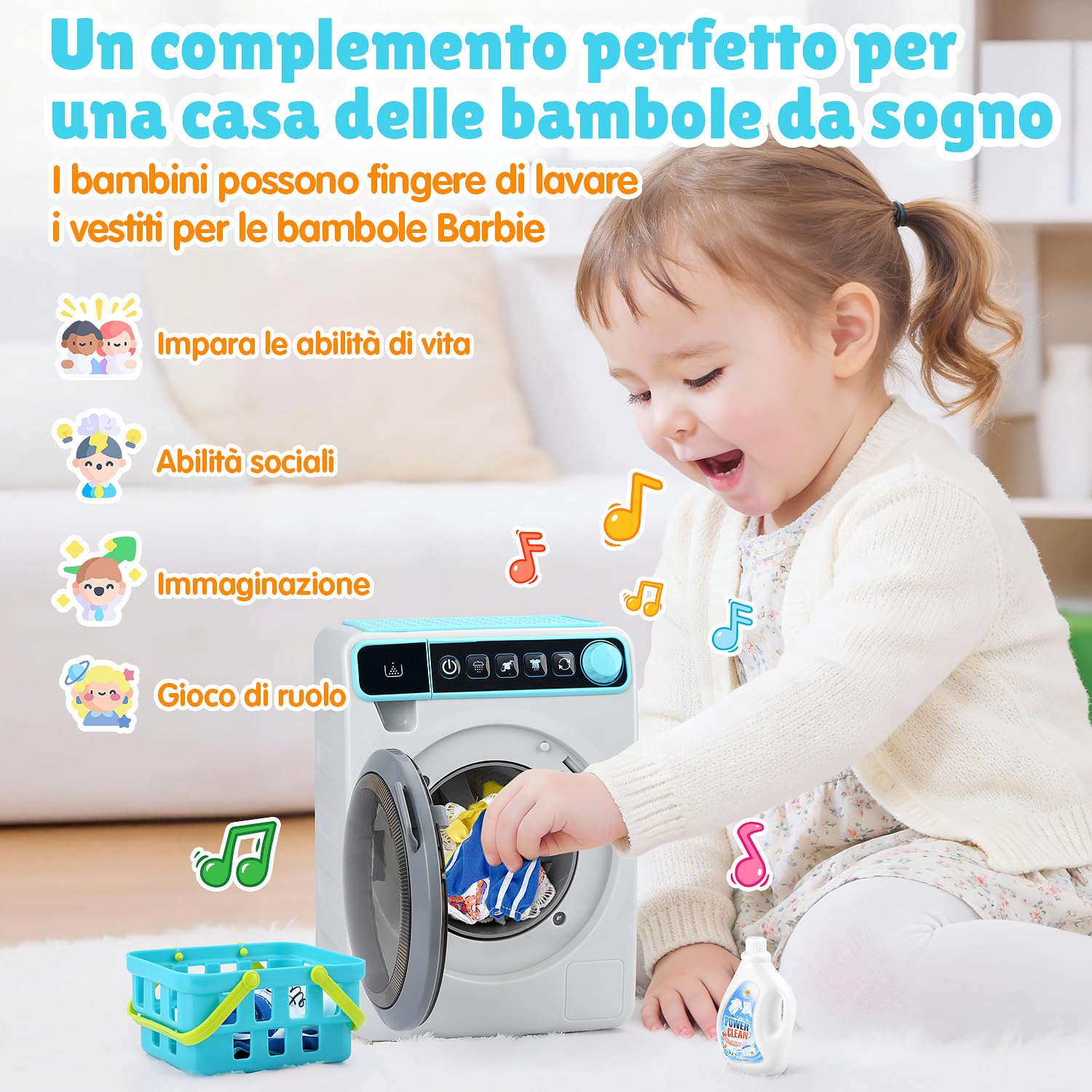 PLAY Lavatrice Giocattolo per Bambini, Elettronico Giocattolo Lavatrice con Suoni Realitici, Abbigliamento, Detersivo, Cesto Della Biancheria, Gioco di Lavanderia per Bambini da 3 Anni