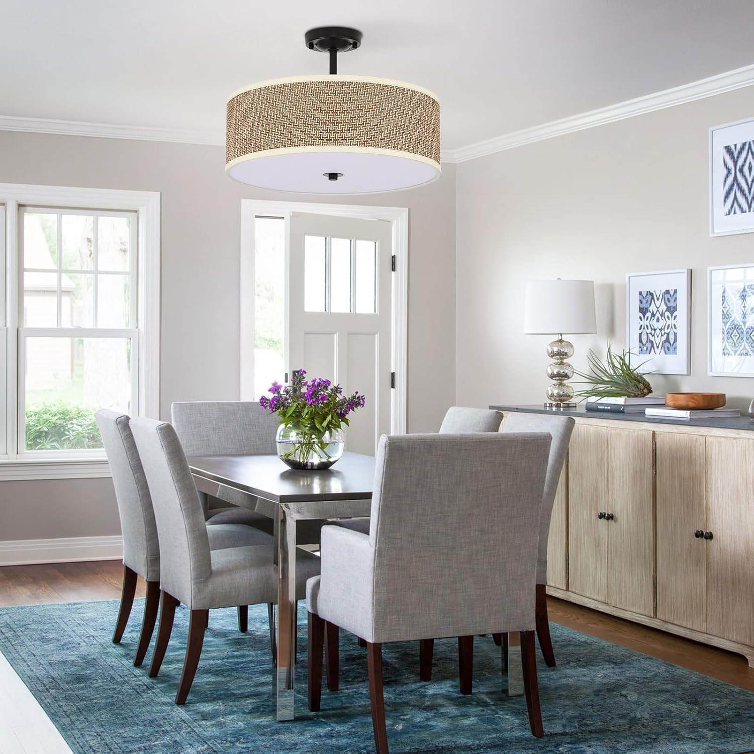 Modern 3-Light Flush Mount Ceiling Light Fixture with Fabric & Acrylic Double Drum Shade Mid Century Linen Drum Fabric Ceiling Light for Bedroom Hallway Living Room Bathroom Dining Kitchen