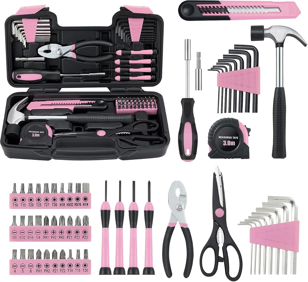 MARTCOLOR Pink Household Tool Set for Women with Storage Case, 58-Piece | All Purpose Hand Tool Kit, General Small Tool Kit, for Home Garage, Office, College Dorm, Daily DIY Repairs, Household Use