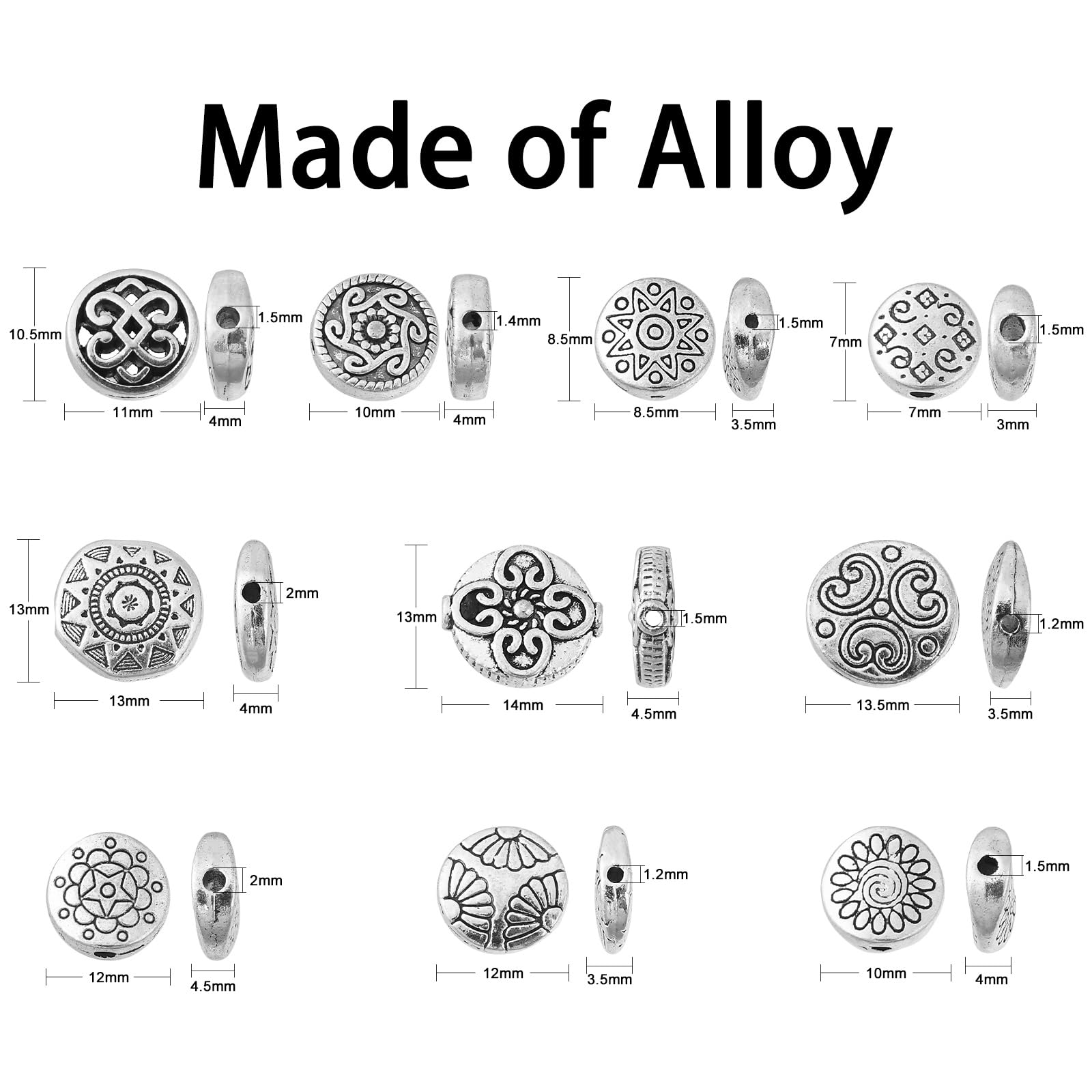 Stiesy 100Pcs 10 Styles Vintage Spacer Beads Tibetan Silver Flat Round Bead Antique Flower Knot Beads Bulk for Jewellry Making Bracelet Necklace Crafts Earring DIY - Image 2