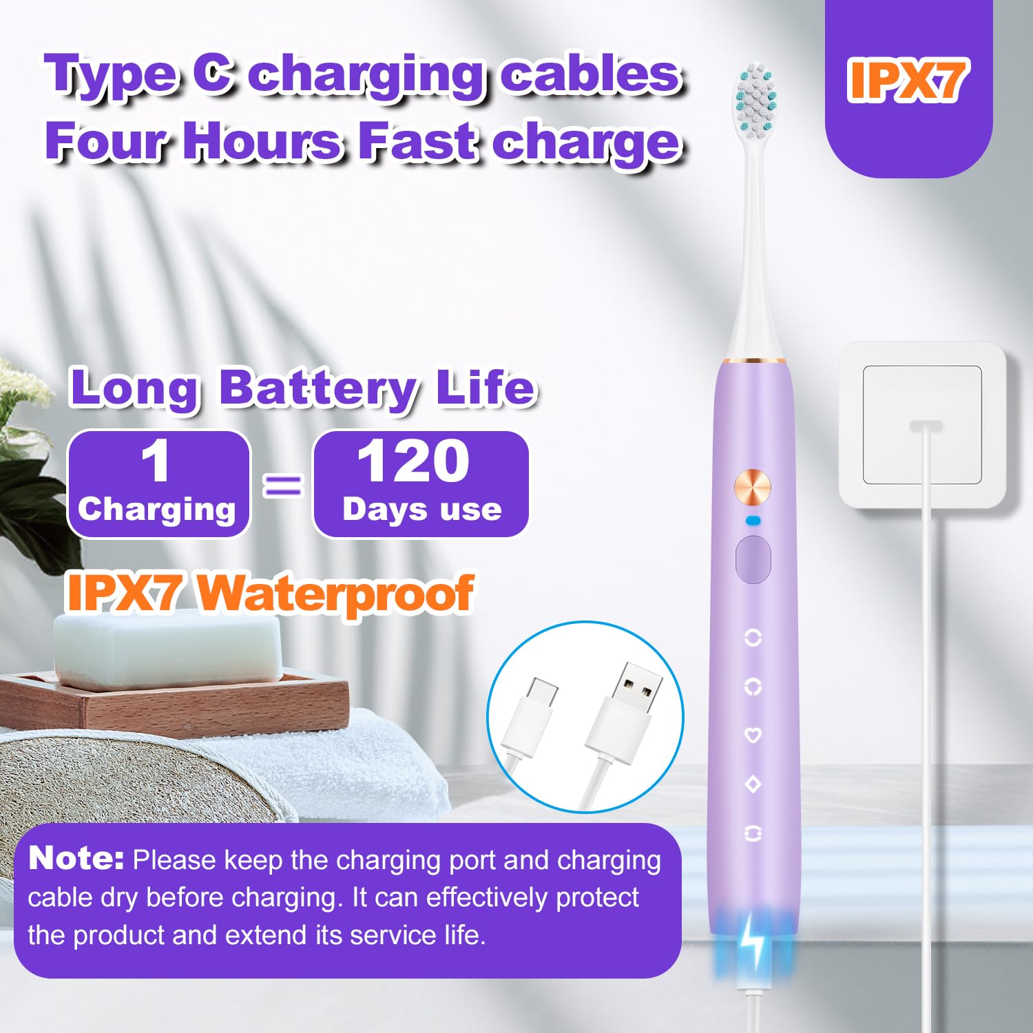 Cepillo de dientes eléctrico blanqueador para adultos, cepillo de dientes recargable con 8 cabezales de cepillo y estuche de viaje, 5 modos y temporizador inteligente, limpieza profunda de
